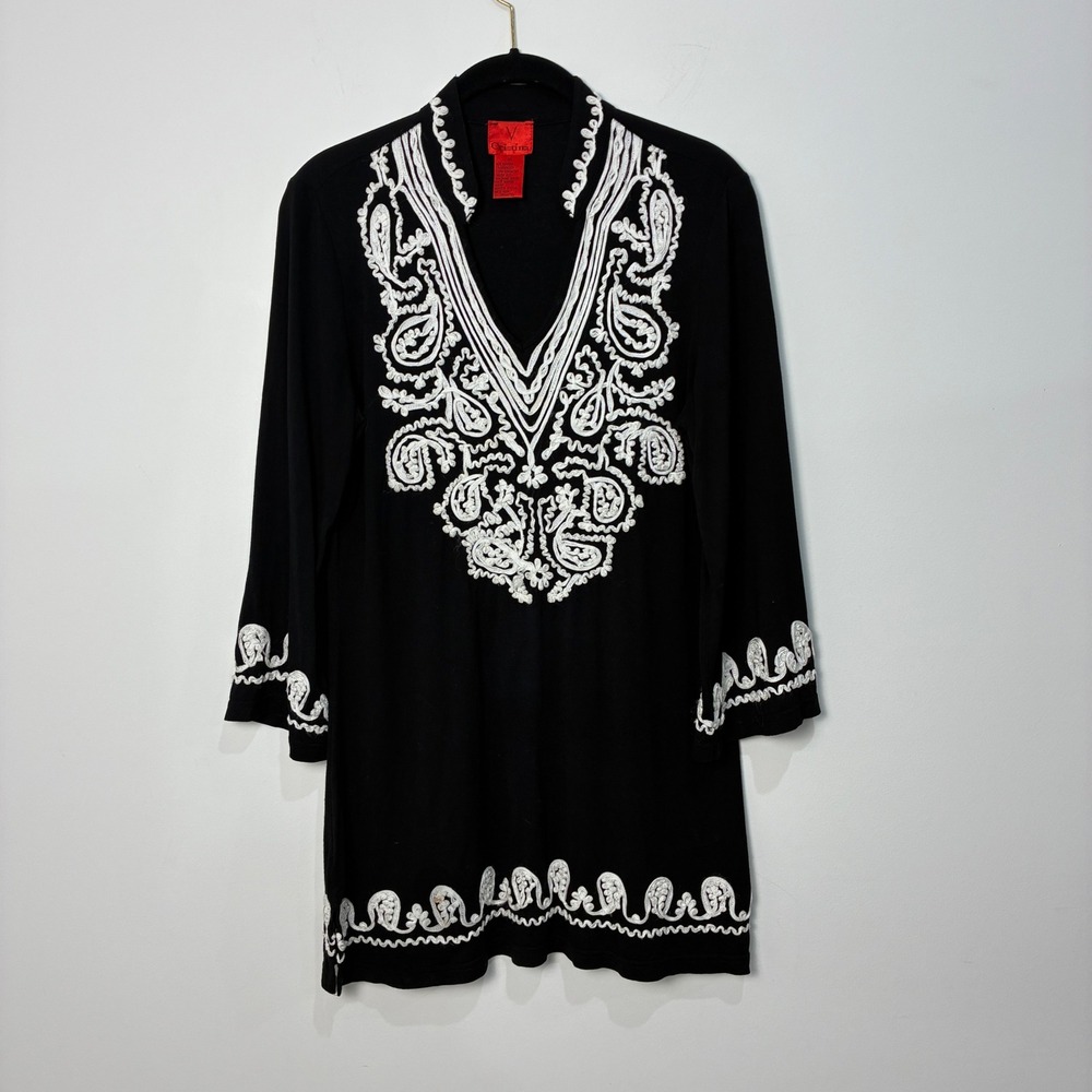 Cristina Tunic Top Boho Embroidered Black White Medium